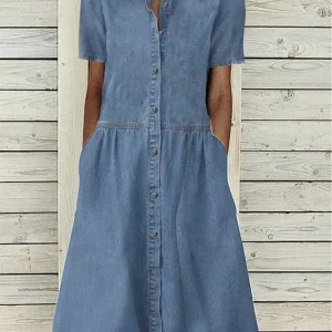 Summer Short Sleeve Shirt Dress Women Button Patchwork Blue Denim Loose Midi Dress Pockets Casual Pocket Long Dresses 2025