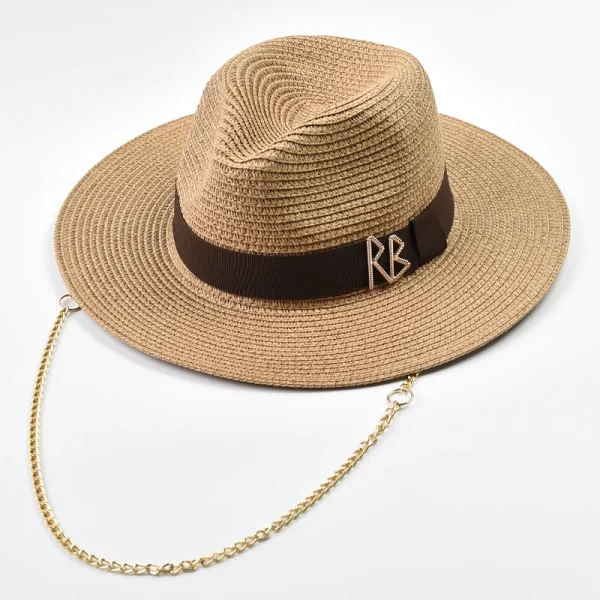 Fashionable Metal RB Letter Straw Hats for Women Men Summer Outdoor Holidays Beach Sun Hat Panama Hat - Image 6