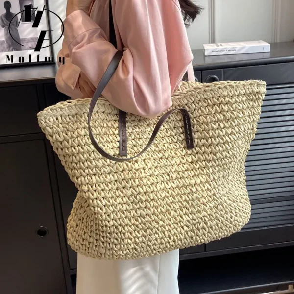Straw Woven Tote Bags Casual Large Luxury Design Capacity Handbag Beach Shoulder Simple Women's Bag Style Shopping Summer bolsos - Image 2