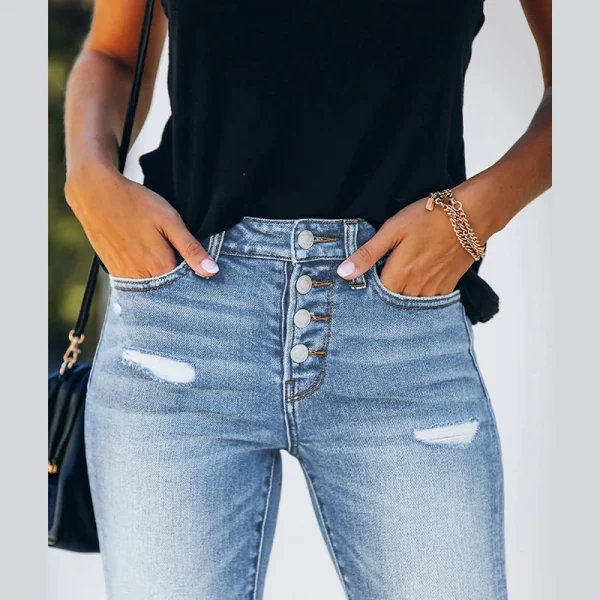 Ripped Hole Jeans Height Waist Elastic Women's Denim Pants Simple Casual Commuting Pencil Pants Fashion Streetwear Spring Summer - Image 6