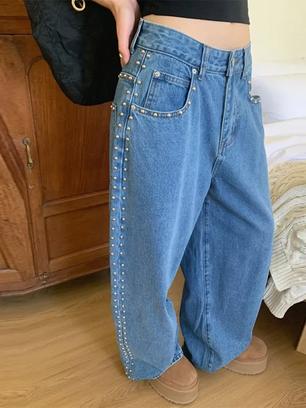 Y2k Fashion Woman's Metal Rivet Pockets Jeans Trousers Baggy Low Rise Wide Leg Denim Dragging High Street Stylish Chic Pants