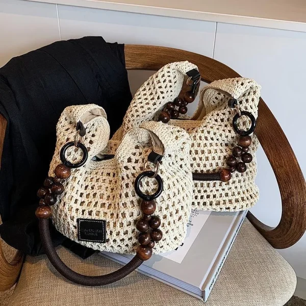 Beach Summer Bag for Women Mesh Woven Shoulder Bag Adjustable Strap Handbag Large Capacity Hobo Bag for Travel Vacation - Image 3