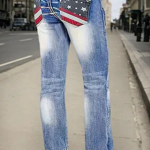 2025 Spring New Women's Mid Waist Elastic American Flag Trumpet Jeans, Fashionable and Casual Slim Denim Pants, Street Style