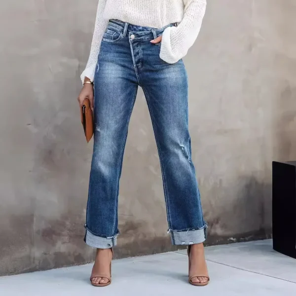 Europe and America Temperament Straight-leg Cuffed Jeans, Women's Spring and Autumn Fashion Water Washing Rough Selvedge Jeans - Image 3
