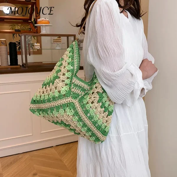 Women Woven Handbag Large Capacity Casual Tote Bag Wear Resist Hollowed-Out Braid Bag Summer Beach Travel Bag - Image 5