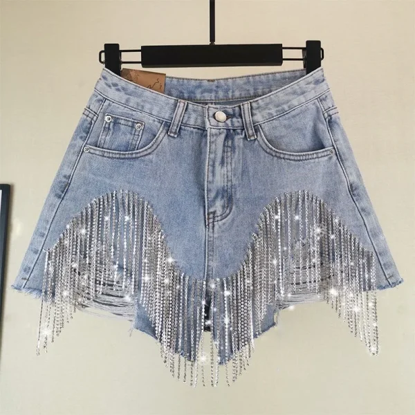 New Summer Fashion Women's Shorts Ripped Tassel Chain Sexy Denim Shorts ModaWomen Short Femme Short Jeans Woman