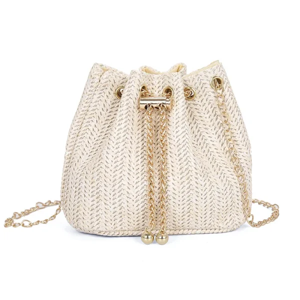 Beige Khaki Straw Weave Bucket Bag Fashion Metal Gold Color Chain Shoulder Messenger Bag For Women Summer Beach Bag bolso mujer - Image 5