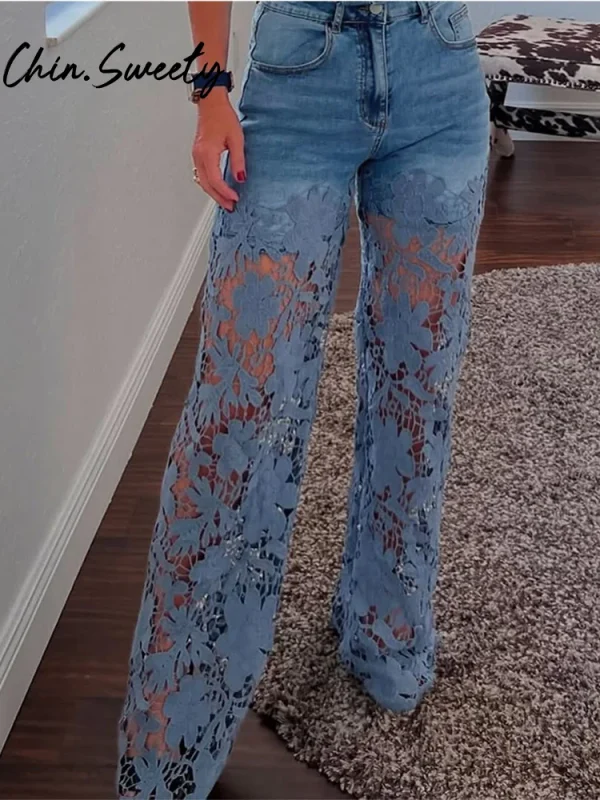 Urban Crochet Denim Women Pants Elegan Hollow Out Zippers Pocket Button Female Trousers 2025 Summer Fashion Lady Streetwear - Image 2