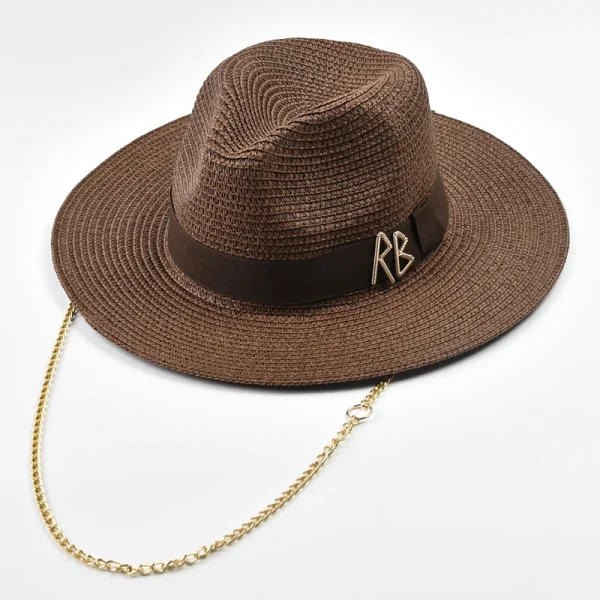 Fashionable Metal RB Letter Straw Hats for Women Men Summer Outdoor Holidays Beach Sun Hat Panama Hat - Image 5