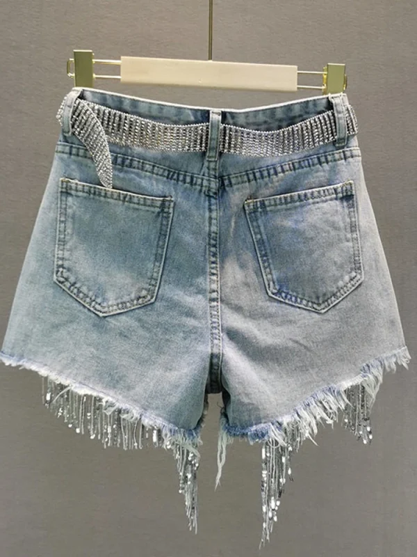 Summer Elegant Shorts Lady Tassel Beading High Waist Wide Leg Denim Shorts Female Casual Solid Shorts Jeans for Women Clothing - Image 4