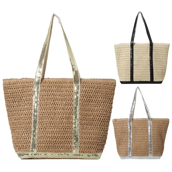Women Straw Tote Handbag Large Capacity Sequins Simple Shoulder Bag Contrast Color Minimalist Tote Bag Ladies Summer Daily Bag - Image 2