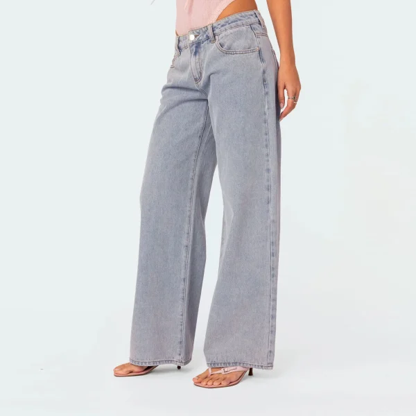 Women's Y2K Streetwear Aesthetic Jeans Low Waist Zipper Button Closure Loose Straight Long Trousers with Embroidery Bow Pockets - Image 3