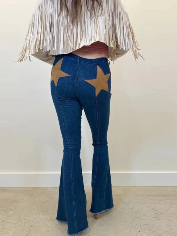 Trendy Women's High Waist Stretch Flared Denim Jeans Jorts Bold Red Star Printed Skin Fit Casual Streetwear Chic Trousers Shorts - Image 2