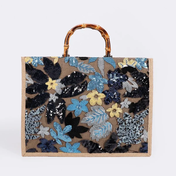Vintage Bamboo Handle Women Handbags Sequins Embroidery Tote Bags Casual Linen Large Capacity Summer Beach Bag Big Female Purse - Image 5