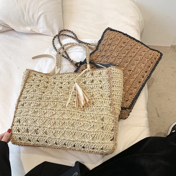 Women Weaving Bag Straw Handbag Tote Bag Hollow Out Tassel Shoulder Bag Solid Color Crochet Handbag Ladies Summer Beach Bag - Image 2