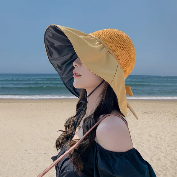 Summer Sun hat women's straw woven anti ultraviolet sun visor hat with big brim seaside black glue breathable Bucket hat sun hat - Image 5
