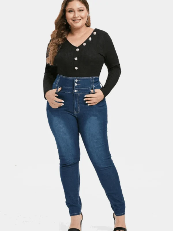 Plus Size Jeans For Women High Wasited Denim Pants for Big Curve Style Button Front Waist Taper Leg ouc078 - Image 3