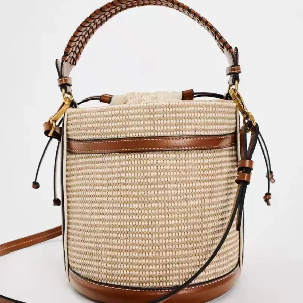 Fashion Straw Bucket Bag Weave Women Handbags Designer Panelled Shoulder Crossbody Bags Casual Summer Beach Small Tote Purses - Image 3