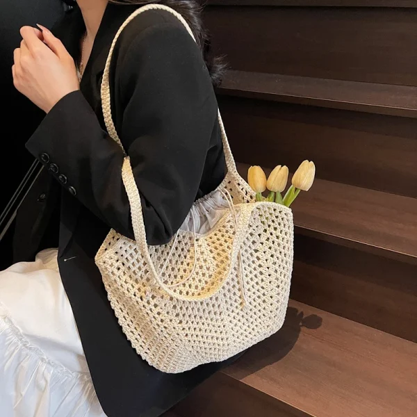 2025 Latest Summer Beach Straw Woven Tote Bag For Women 2-IN-1 Hollow-out Lightweight Large Capacity Shopper Shoulder Bag Female - Image 6