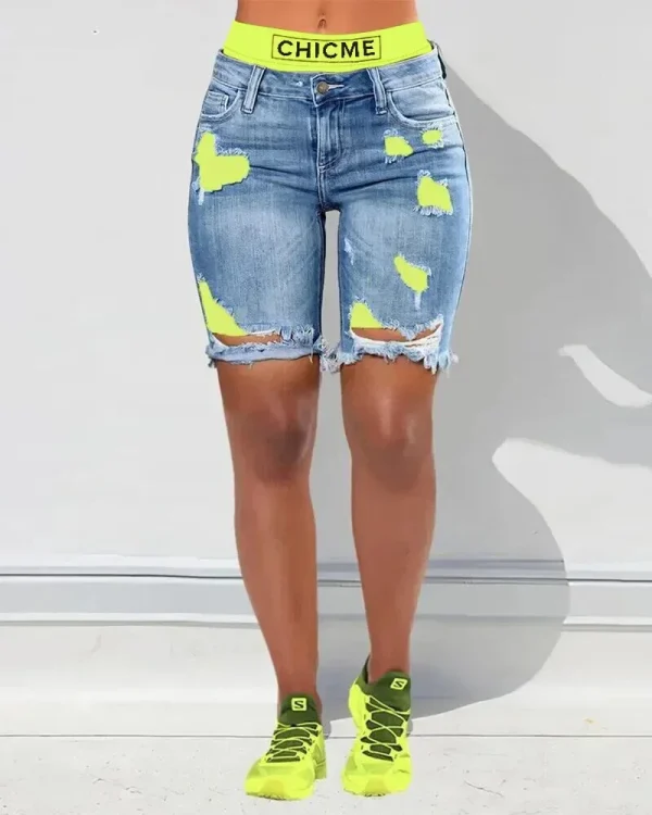 Women Contrasting Color Splicing Fake Two-piece Denim Shorts High Waist Shorts Pants - Image 2