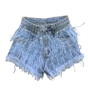 2025 Summer New Personalized Tassel Inlaid Diamond Wash Light Blue Denim Shorts Women's Streetwear Fashion Short Hot Pants
