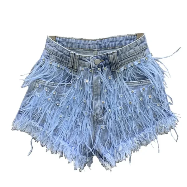 2025 Summer New Personalized Tassel Inlaid Diamond Wash Light Blue Denim Shorts Women's Streetwear Fashion Short Hot Pants