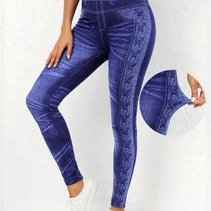 Plus Size Patchwork High Waisted Leggings Fashion Faux Denim Skinny Pants Calf Pants For Women