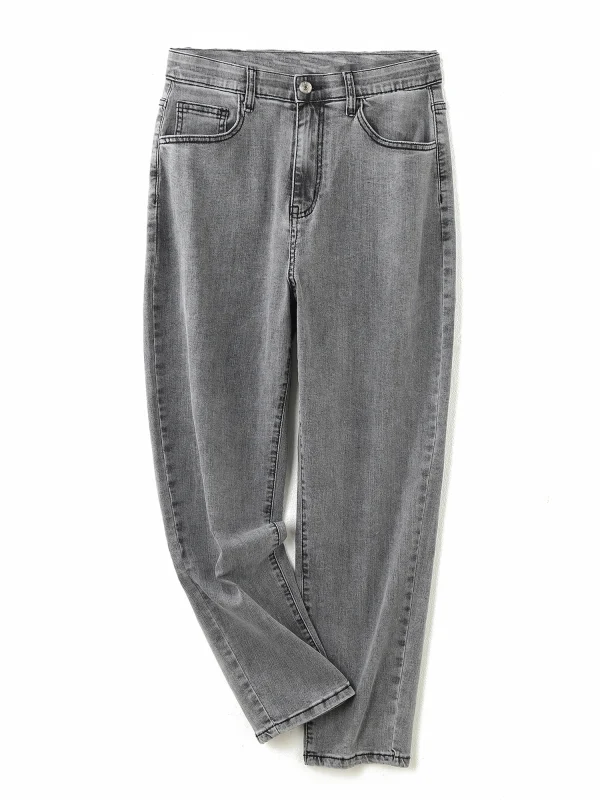 Plus Size Gray Jeans for Women Stretchy High Waist Mom Jeans Harem Full Length Washing Denim Jeans Curvy Fitting 100 Kgs Jeans - Image 5