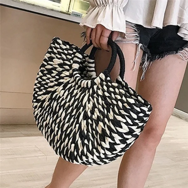 Women Handbag Rattan Wicker Straw Woven Half-round Bag Large Capacity Female Casual Travel Tote Fashion Bolsos - Image 2