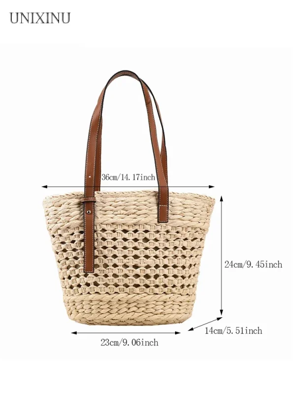 2025 Summer Handwoven Straw Beach Tote Bags for Women Vintage Hollow Out Handbag Basket Rattan Vacation Shoulder Bag - Image 3