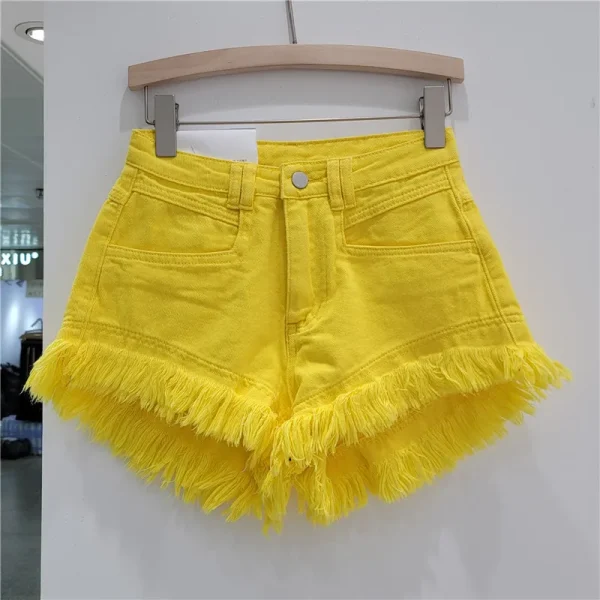 Orange Denim Shorts Women Green Hot Pants 2025 Summer Woman's Clothing All-Match Ins Fashion Wide-Leg Ripped Tassel Shorts - Image 3