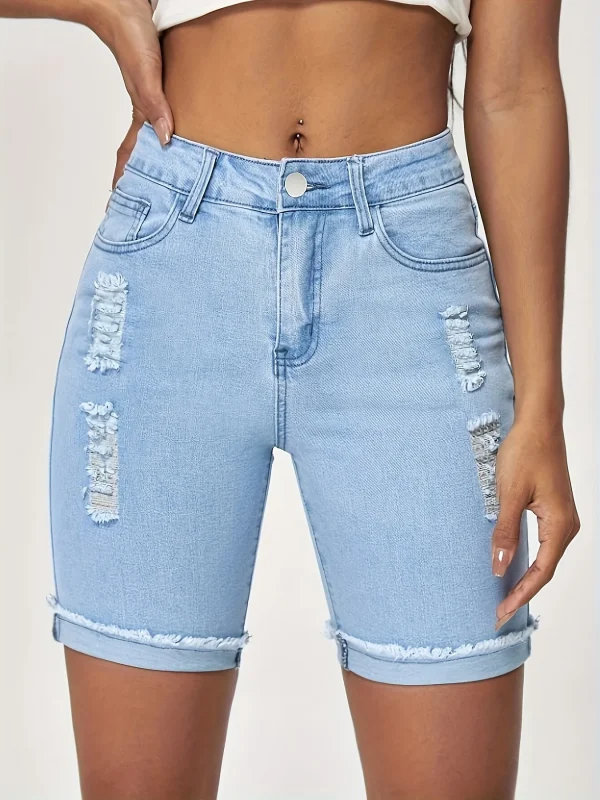 1 piece of women's jeans with high waist, rolled hem, ripped hem, street style, blue summer outfit, breathable denim shorts