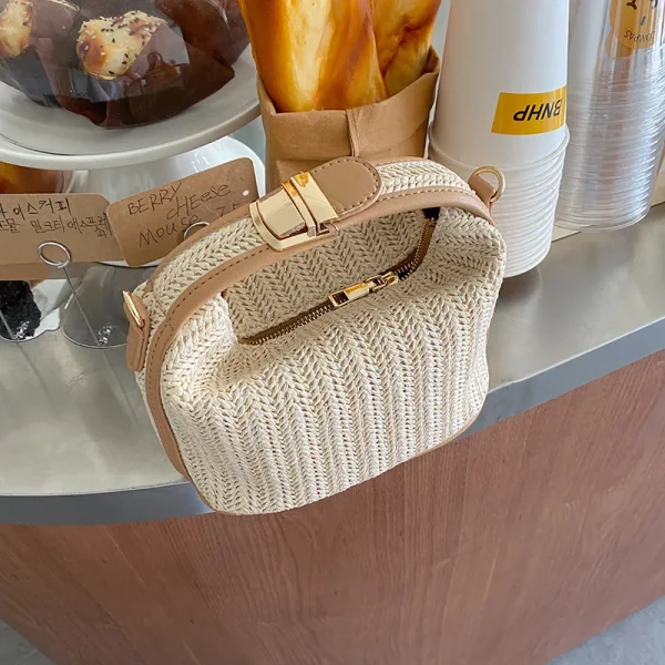 Yogodlns Summer Small Straw Handbag Trendy Shoulder Bag Woven Bucket Crossbody Bag Casual Seaside Beach Bag Gilrs Handle Tote