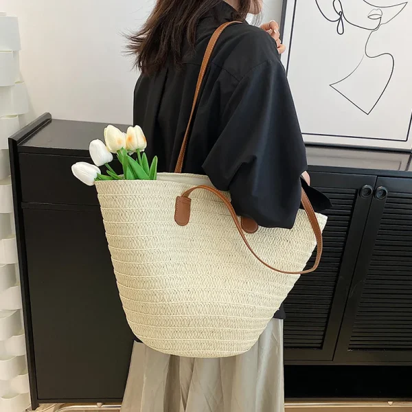 Women's Large Capacity Shoulder Bag Summer Straw Woven Basket Handbag Fashion Female Luxury Designer Beach Bag Bali Shopper Tote - Image 6