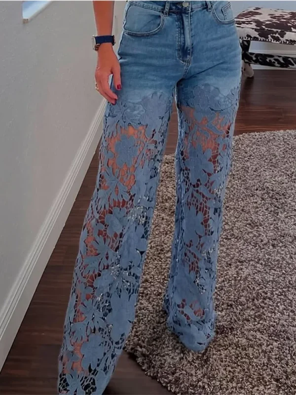 Plus Size Women's Stretch Denim Jeans With Cut-Out Lace Splicing Summer New High Waist Wide Pants Elegant Female Chic Trousers - Image 2