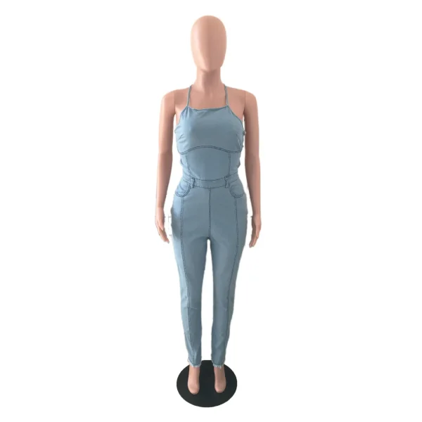 Women Sleeveless Overall Pants Jumpsuits Fashion Slim Fit Backless Bandage Denim Jumpsuit High Waist Jeans - Image 6