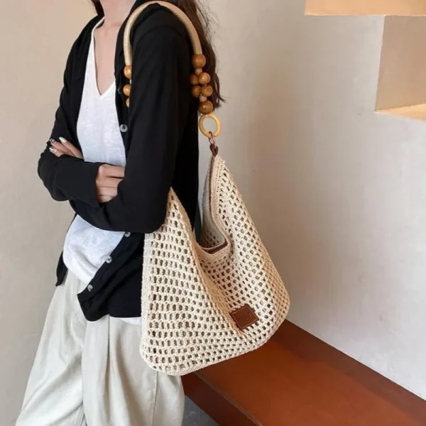 Beach Summer Bag for Women Mesh Woven Shoulder Bag Adjustable Strap Handbag Large Capacity Hobo Bag for Travel Vacation - Image 2