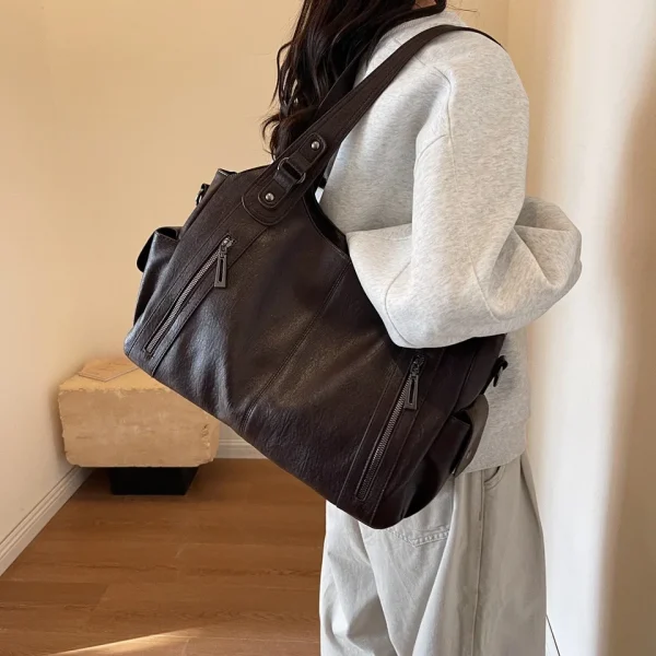 New Solid Zipper Dual Main Pockets High Capacity Handbag For Women Sewing Thread PU Fashion Ladies Bag Shoulder Bag - Image 3
