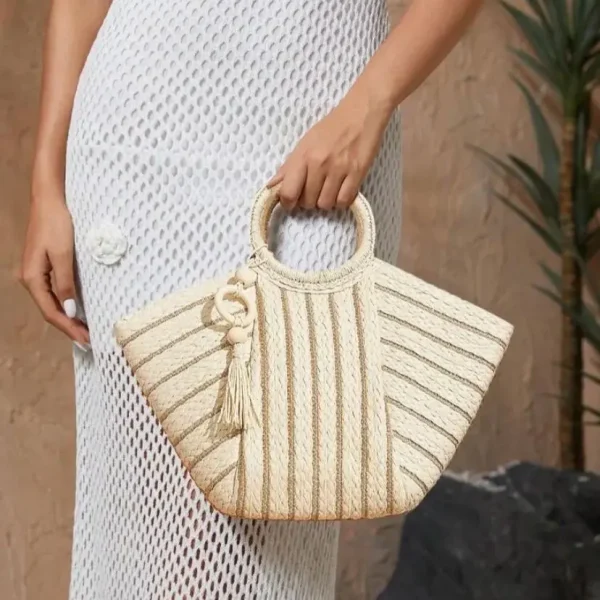 Women's Fashion Casual Straw Tote Bag, Beach Bag for Summer, Large Capacity - Chic Tassels Satchel Handbag for Everyday Use - Image 6