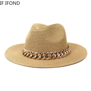 Fashion Gold Chain Belt Panama Straw Hats For Women Summer Breathable Beach Sun Hats Elegant Ladies Party Jazz Hat