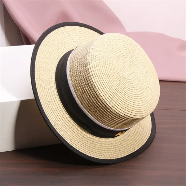 Outdoor sun hats M letter ribbon flat straw hat Summer adult women's casual beach sun protection cap Visor hat - Image 4