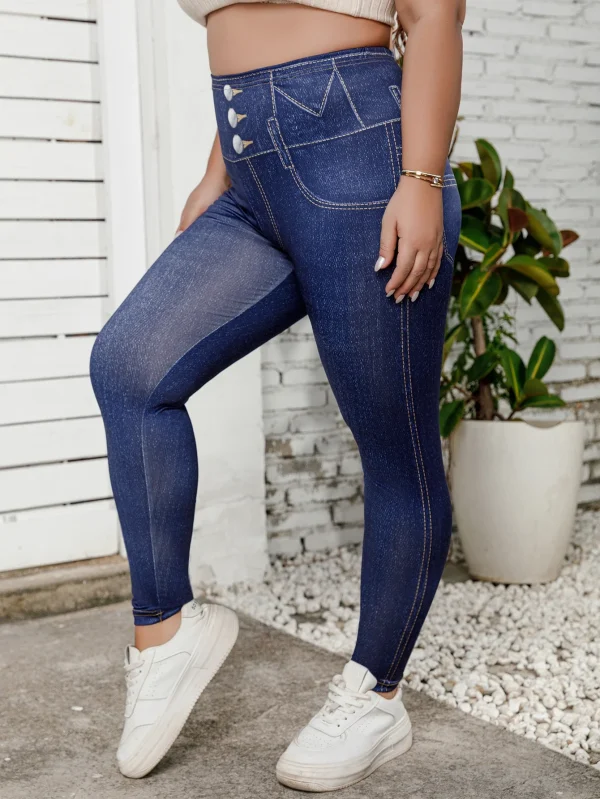 Plus Size Women's Long Leggings with Faux Denim Print Stretch Mid-Rise Skinny Pants Vintage Comfort Casual Comfortable Trousers - Image 3