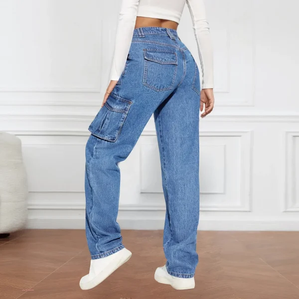 American Retro Mid-waist Multi-pocket Cargo Pants Jeans, Women's Casual Loose Straight Long Pants, Patchwork Jeans,Spring Autumn - Image 4