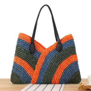 New Womens Handwoven Cotton Rope Tote Bag Colorful Patchwork Summer Beach Top Handle Minimalist Boho Chic Casual Carryall