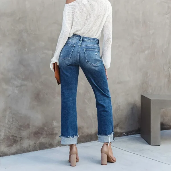 Europe and America Temperament Straight-leg Cuffed Jeans, Women's Spring and Autumn Fashion Water Washing Rough Selvedge Jeans - Image 4