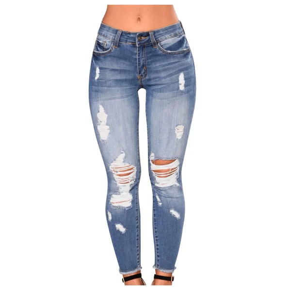 Women'S Stretchy Ripped Hole Trousers Slim Jeans Butt Lifting Distressed Denim Pants With Pockets Elastic Vintage Streetwear - Image 2