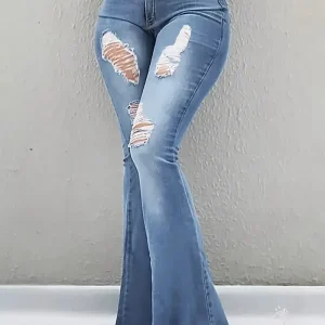 Women Fringe Ripped Flared Jeans Fashion Casual Denim Pants