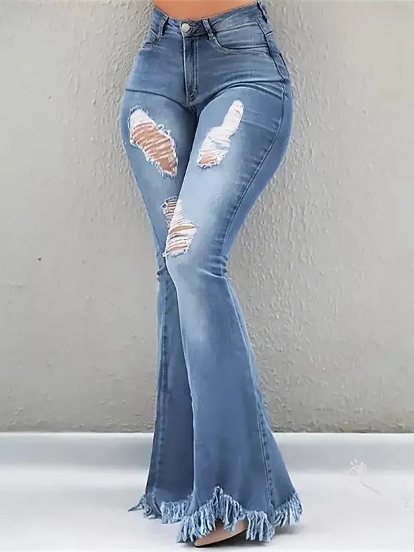 Women Fringe Ripped Flared Jeans Fashion Casual Denim Pants