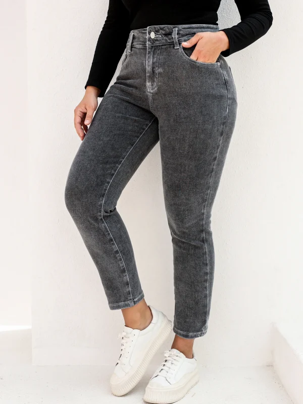 Plus Size Gray Jeans for Women Stretchy High Waist Mom Jeans Harem Full Length Washing Denim Jeans Curvy Fitting 100 Kgs Jeans - Image 2