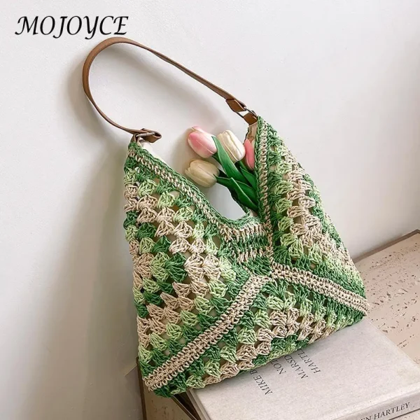 Women Woven Handbag Large Capacity Casual Tote Bag Wear Resist Hollowed-Out Braid Bag Summer Beach Travel Bag - Image 4